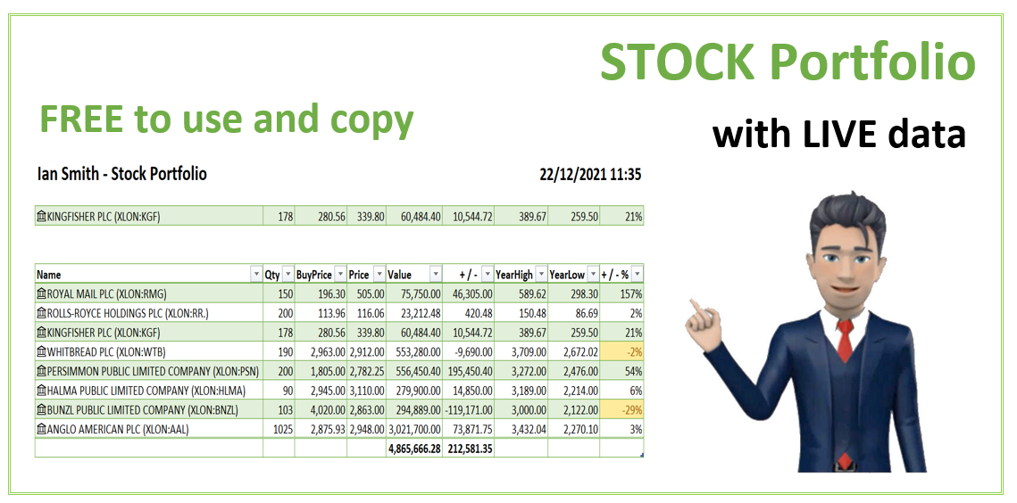 Free Stock Portfolio Excel Spreadsheet with LIVE Prices
